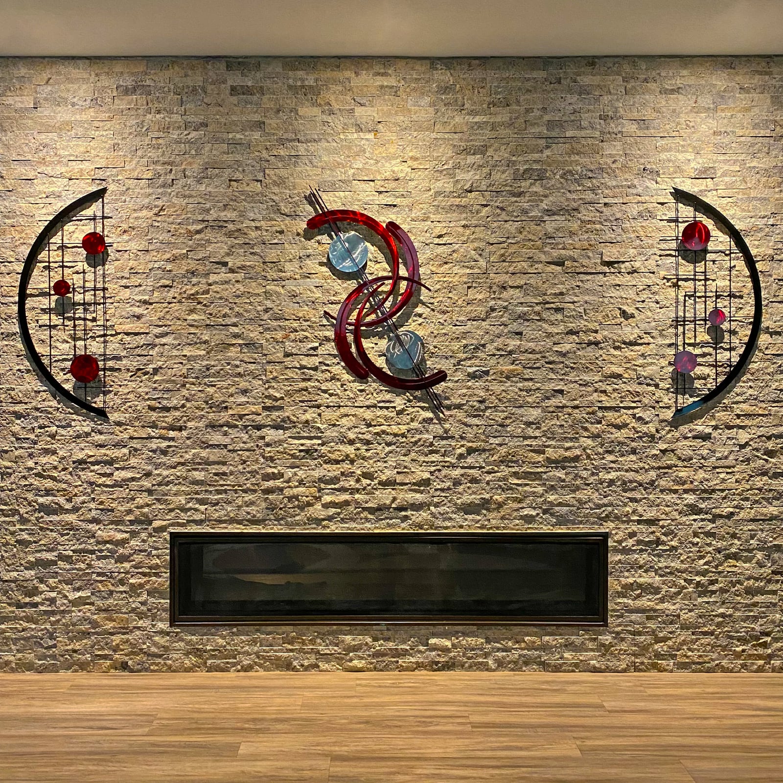 Meyerdirk Art installed indoors above a fireplace